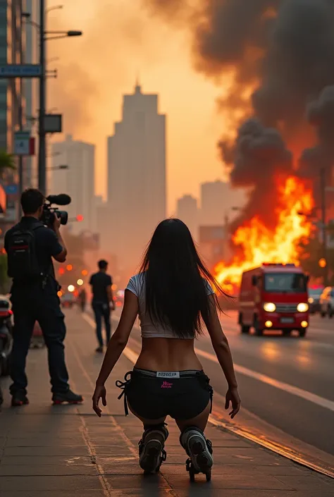  Wide angle image of the sidewalk next to the road with traffic . In the background,  there are tall buildings on fire , Fire Trucks,  and the sky is hazy with smoke . 

A beautiful Thai woman stares at the viewer .  He looked at the burning buildings arou...