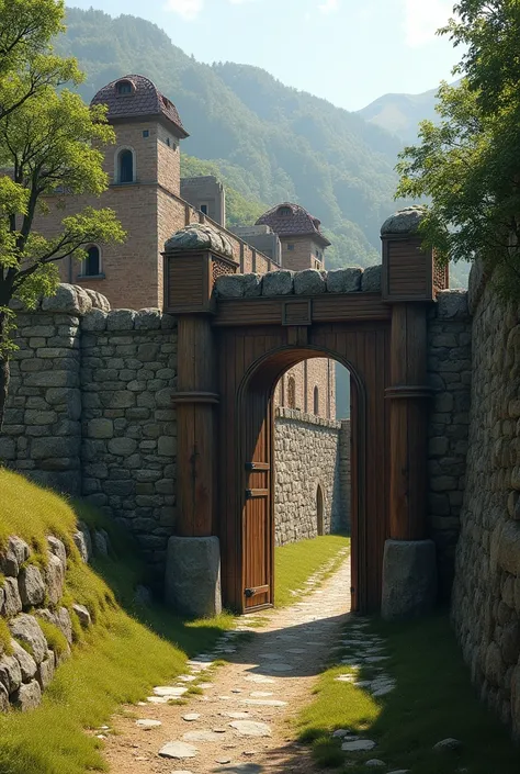 ((Side shot)), ((((fortified wide wooden cloded gate which , surrounded by an outer defensive wall)))), inside the gate are buildings behind the gates wall, which have windoss which archer can shoot from. dirt path around the building, grass, trees, hills ...