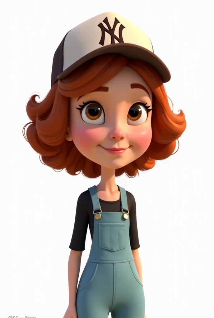 Short woman, king, with curly copper-colored hair , brown eyes,  with a light and dark brown bi-colored cap with the NY logo,  with a light blue jumpsuit with straps, a black top blouse ,  with white background, Disney Pixar style