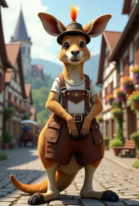 Generate a realistic image of a kangaroo wearing clothing and cultural accessories from the country Germany  