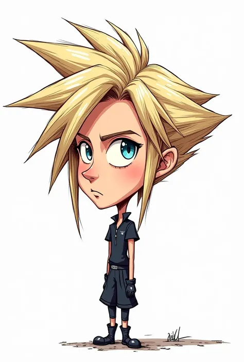 Illustration, Caricature with a big head  , Exaggerated features , Multi-colored linear drawing on a white background, cloud strife 