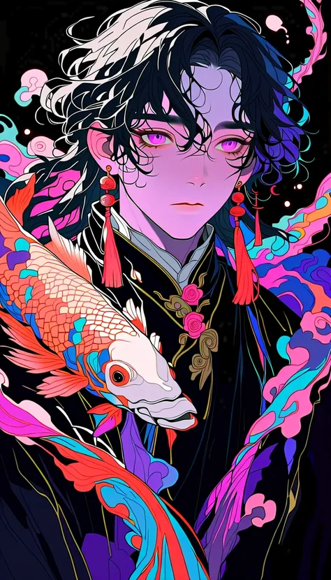  Masterpiece  , male focus, 1 40-year-old male , Lonely,  looking into the distance,  black hair, Tassel  earrings for a woman alone, Tassel, gem,  earrings for a woman alone,  black background,  pink eyes,  long hair,  crystals, Koi,  upper body,  colorfu...