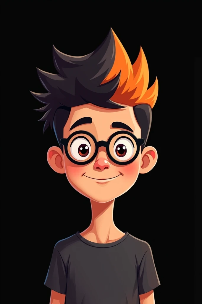 "Create a minimalistic cartoon-style portrait of a boy with glasses, short orange and black hair, wearing a simple dark shirt with orange accents. The background is plain black, and the character has a friendly, youthful appearance with a modern, graphic a...