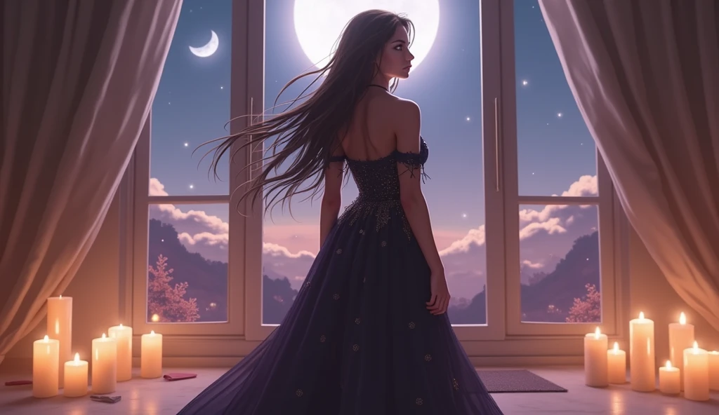 callizto is standing at the window behind her gazing up on the moon