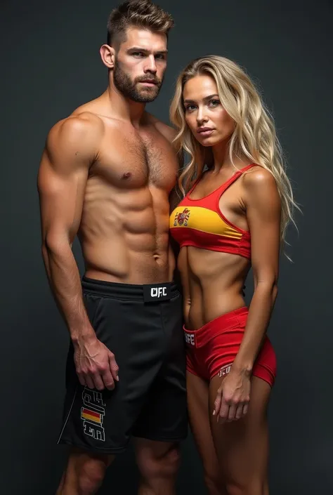 A full-body photo ,  Bottom view,  of a man and a woman who are a couple and who are also UFC fighters a woman must be blonde with long hair , I want their clothing to have the Spanish flag and it also has the name of the UFC 