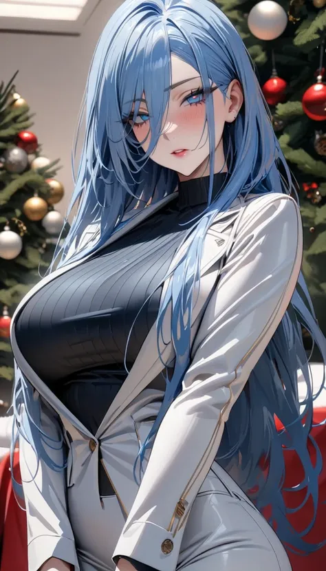 masterpiece , modern, Verism, masterpiece, super detail, best quality, 4K ,((Adult face)), woman,Wearing a white coat,Mature woman アメスク Rubia ojos azules 
Cabello azul, Plano americano, Cabello largo, Senos grandes, Ojos azules,Christmas Sexy