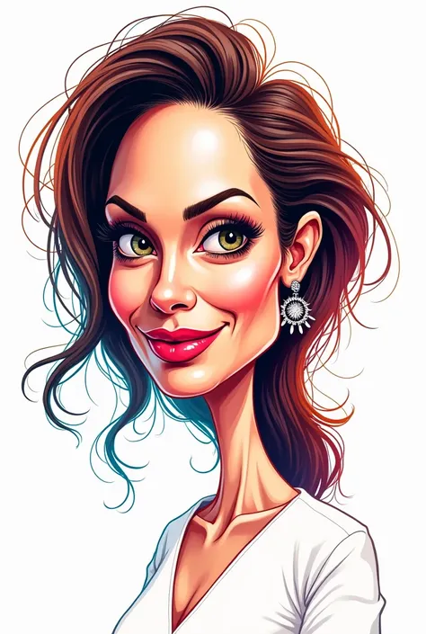 Illustration, Caricature with a big head  , Exaggerated features ,  multicolor linear drawing on a white background, ANGELINA JOLIE 