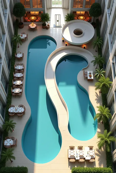 Create a floor plan map of a restaurant with 2 pools with water slides 