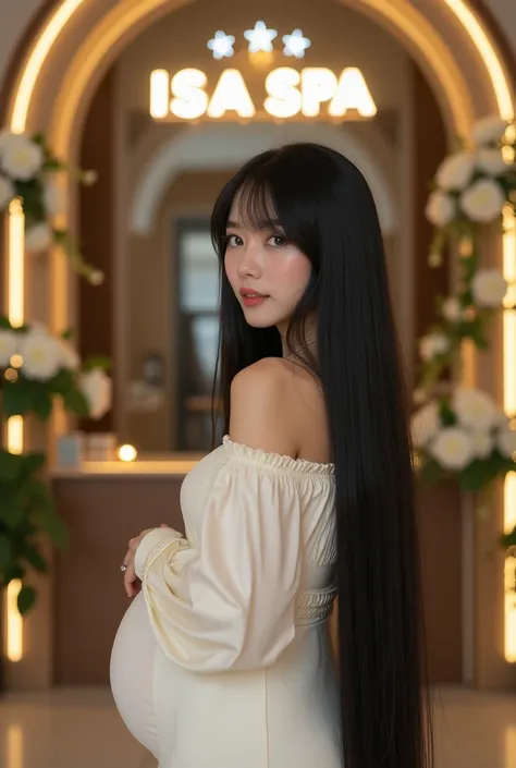 Full body angle ,a beautiful Korean pregnant woman  , LIA 21 year old  ,  extremely long straight natural black hair with whipped cream fringe with perfect texture , green eyes , soft makeup lipstick transparent , on the finger a diamond ring dressed as a ...