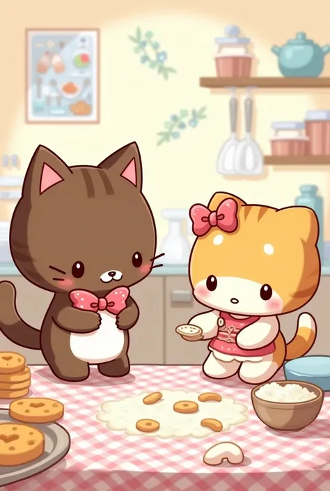 Give me an image of Choco Cat and Cinnamon Roll from San Rio Cinnamon Roll is measuring the flour for the cookies