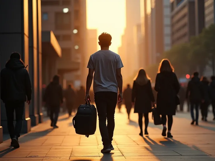  a young man,  walking in a modern and vibrant city ,  seems lost in thought ,  while around him ,  other people move at their own pace , ignoring it.  The image should capture the feeling that , although surrounded by people ,  his focus is elsewhere ,  s...