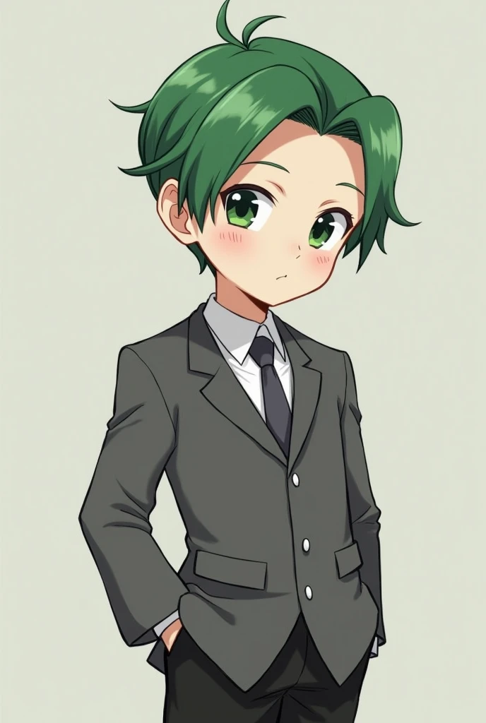 She generates a boy with green hair and green eyes and a gray uniform, a jacket, a white cobarta and black pants. 