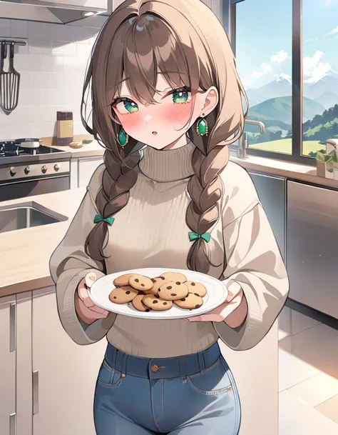 1girl, solo, masterpiece, best quality, (anime art style:1.0), brown hair, twin braids, long hair, emerald, green eyes, cookie shaped earrings, holding out a plate of cookies, dark circles under her eyes, blushing, long sleeved turtleneck sweater, in the k...