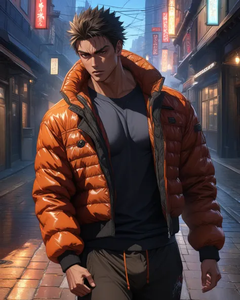 (insanely detailed:1.4) ,(masterpiece:1.4), (best quality),A tan-skinned, muscular Japanese man with a fierce, streetwise look, wearing a stylish jacket and sagging baggy sweatpants.shirtless. bulge crotch.He has a sharp, short hairstyle that enhances his ...