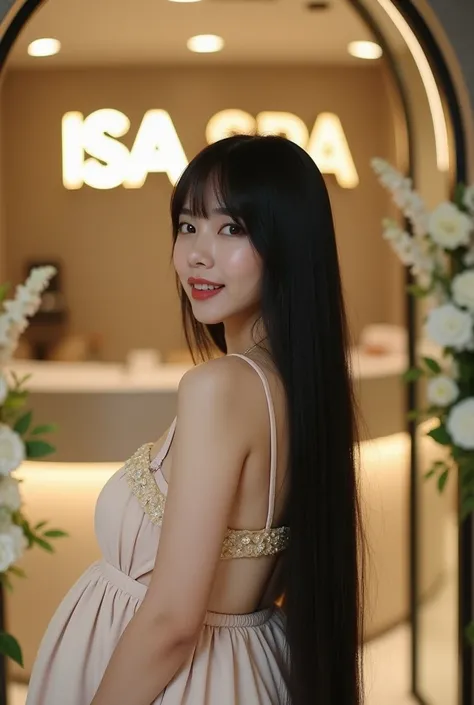 Full body angle ,a beautiful Korean pregnant woman  , LIA 21 year old  ,  extremely long straight natural black hair with whipped cream fringe with perfect texture , green eyes , soft makeup lipstick transparent , on the finger a diamond ring dressed as a ...