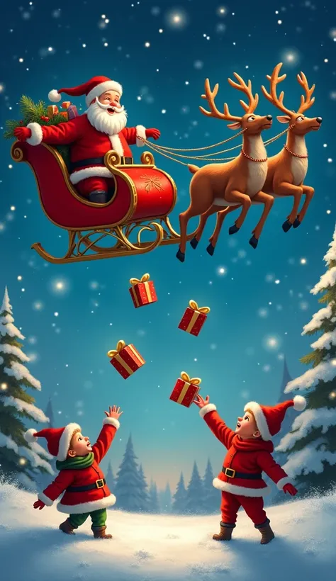 "A magical, joyful Christmas night scene featuring Santa Claus flying in his beautiful sleigh. The sleigh is soaring through the starry sky, with the reindeer pulling it gracefully. Elves are joyfully tossing presents from the sleigh to the ren below. The ...