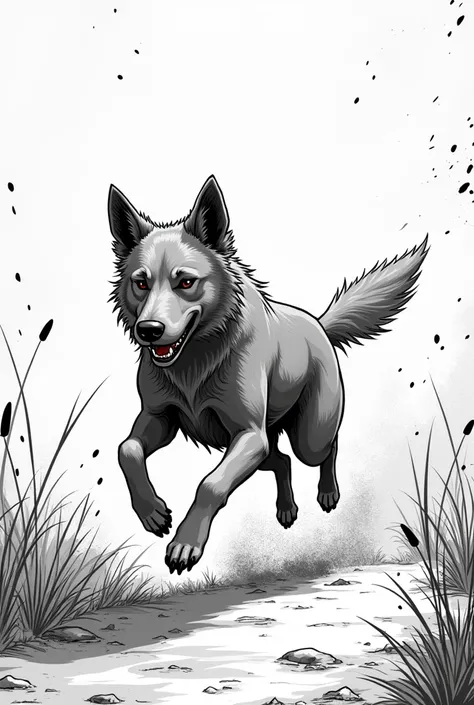 Dog running black and white manga style 