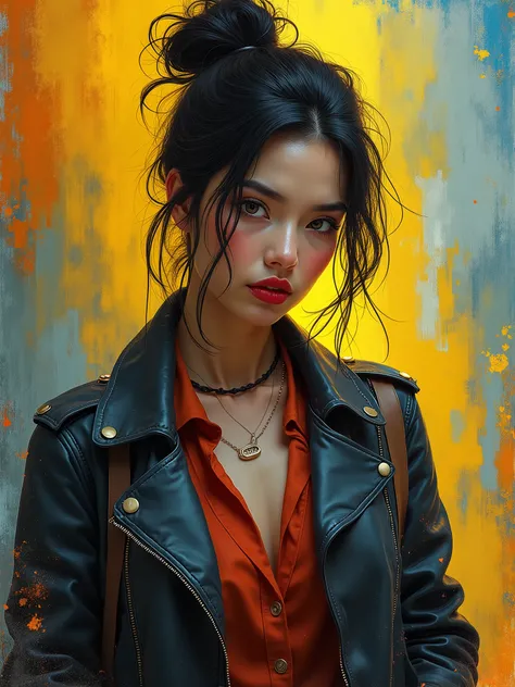 A mesmerizing portrait of a woman lost in thought, dressed in a distressed leather jacket with bold red lipstick. Her hair is tied up in a messy hairstyle, suggesting a sense of adventure. The background is an abstract explosion of secondary colors, with w...