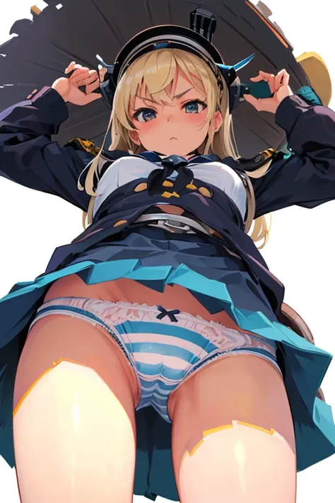 masterpiece, best quality, ultra detailed, ((striped panties)), (cowboy shot, crotch is close-up, ground-level, from below, mini skirt, from front), KanColle Shimakaze