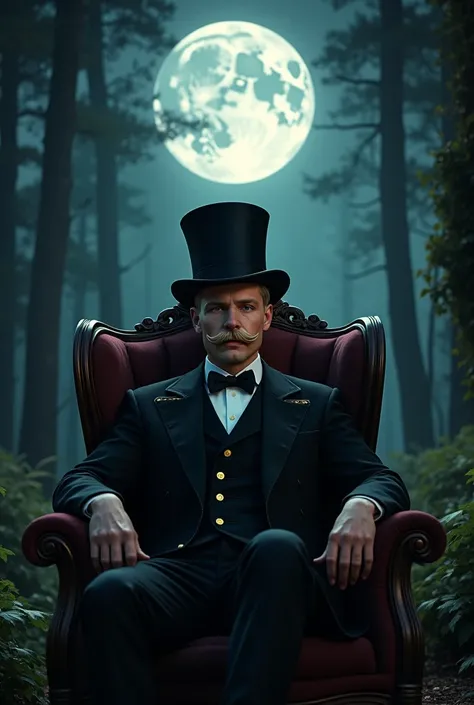  blond man, attractive, military hair, Wearing a black magicians top hat ,  has a Handlebar moustache with curves at the tip , Its a forest at night ,  the moonlight is bright ,  hes sitting in an armchair in the middle of the forest. 