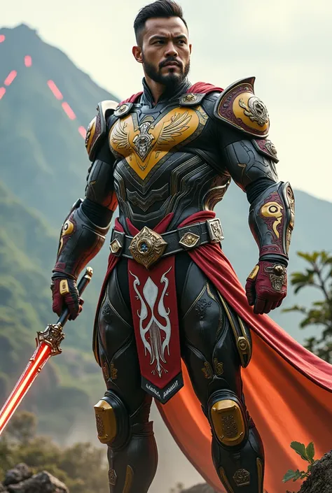 A realistic tall male superhero inspired by DC character designs, wearing a suit of high-tech armor blended with traditional Indonesian elements. The suit features modern and tactical adjustments, incorporating cultural motifs, mythological symbols, and th...