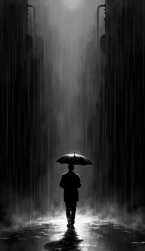 Man walking without umbrella on rainy black background, black and white draw