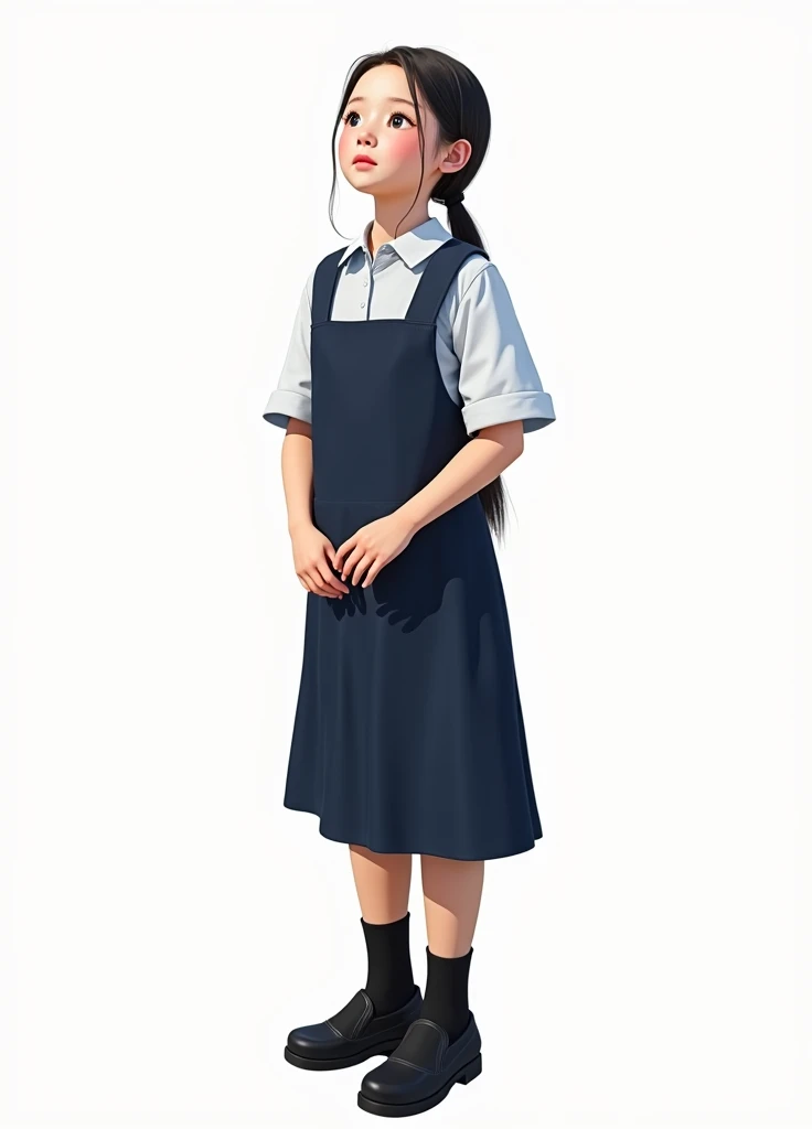 young Girl, beautiful, cute, dark blue color Pinafore, inside white collar button shirt & top button open , black color shoes, real human, Asian, V-shape
