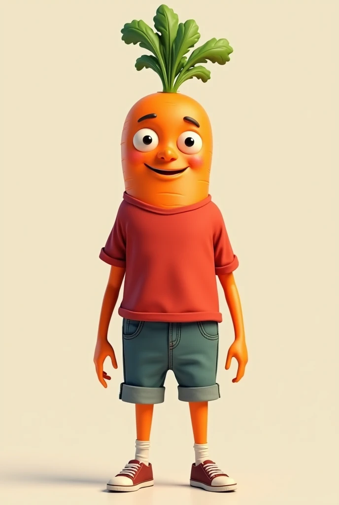 Carrot with shorts and red shirt and large forehead 