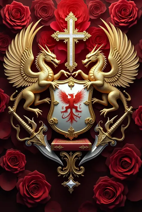 Heraldic shield with the name FAMILIA PALACIOS CUJ with dragons of God of fire and crystal, red Saharon roses and Christian symbols with well-kept holy bible and details in gold and diamonds and angels with fiery sword