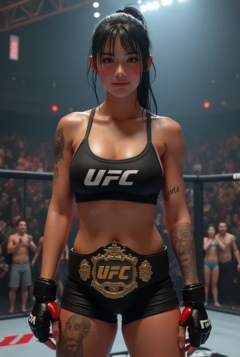 EXTREMELY REAL,  medium-bust woman ,  wide hips,  black top with the initials in front of UFC ,  lycra shorts fitted to the body ,color negro, extremely short, wet barefoot ,  with blows to the face,  black hair with ponytail ,  black gloves, muscular,  wi...