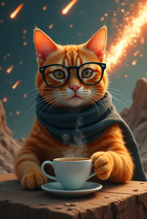  I want an image of an orange cat drinking tea,  with dark glasses and a headscarf  , And in the background a meteorite simulating chaos  