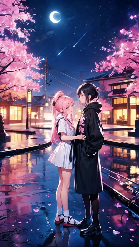  1 girl 、Beauty、((Stand to the left of the angle of view))、 long hair up to waist 、Pink and black hair、 night view、Japan、City、Beauty fanart  ,  black hoodie 、 long white skirt 、 anime style,  realistic anime 3d style  ,、 back view、((Turn to the right))、 pu...