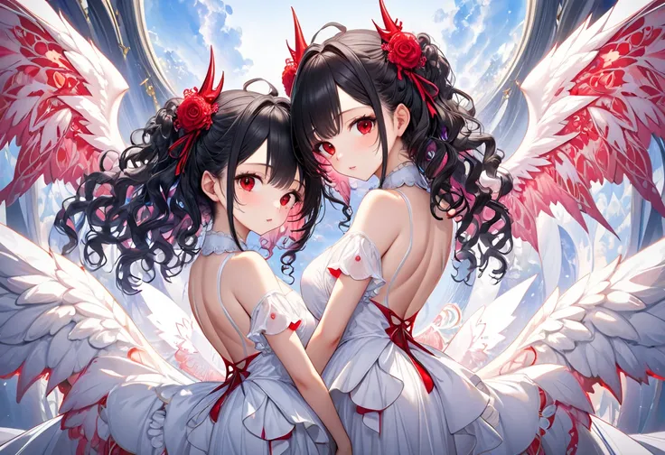 (beautiful and delicate) (Spectacular views illustration), in, (Twin sisters, age 15), (Standing back to back style), (delicate curly vivid black hair, beautiful long hair), (ultra beautiful red eyes), (ultra beauty style medium tits), break, (Each girl ha...