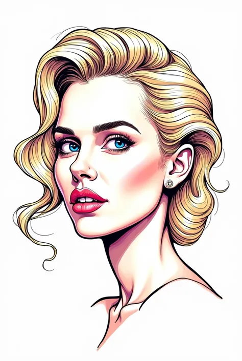 Illustration, comics  ,  comics are exaggerated in detail, head,  multicolor linear drawing on a white background, Scarlett Johansson 