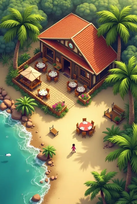 Create a floor plan map of a restaurant on the side of the road with palm trees with a gable roof 