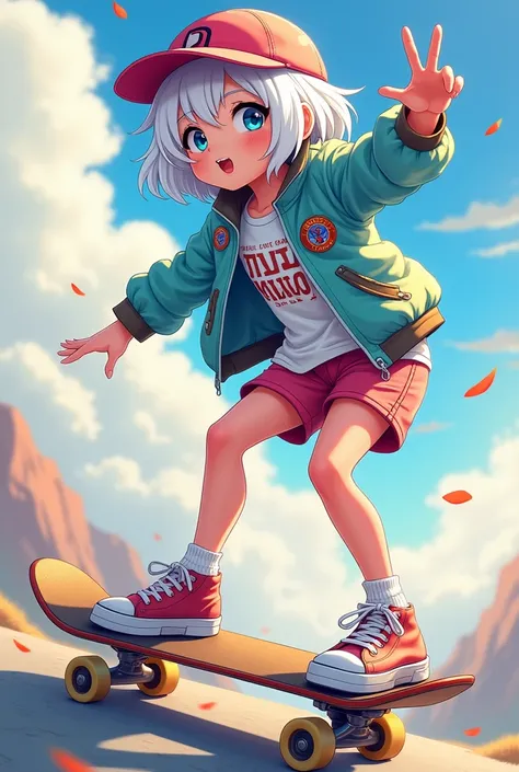 Masterpiece, best quality, (very detailed CG Unity 8k wallpaper) (best quality), (best illustration), best shadow, (a girl playing skateboarding: 1.3), , cute, short white hair, cap, sweet cool, shiny details of the eyes, (color flight suit), fashion short...