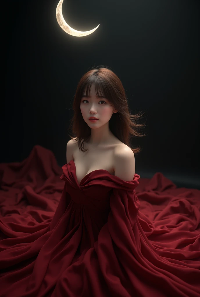 Asian girl with medium long brown hair with bangs, long wine red dress on a black background with a moon 