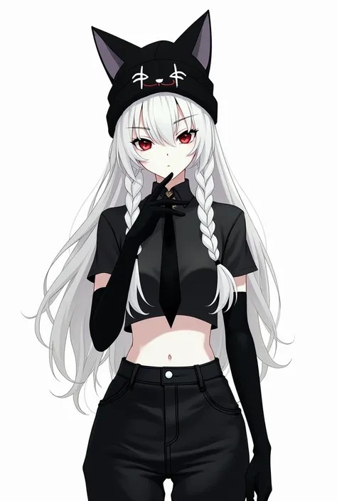 Create an anime looking like character with long white braids a black and white cat beanie wearing a black cropped top black arm warmers and black baggy jeans and her face being covered with a white Clown mask and white skin and a black tie with a white co...