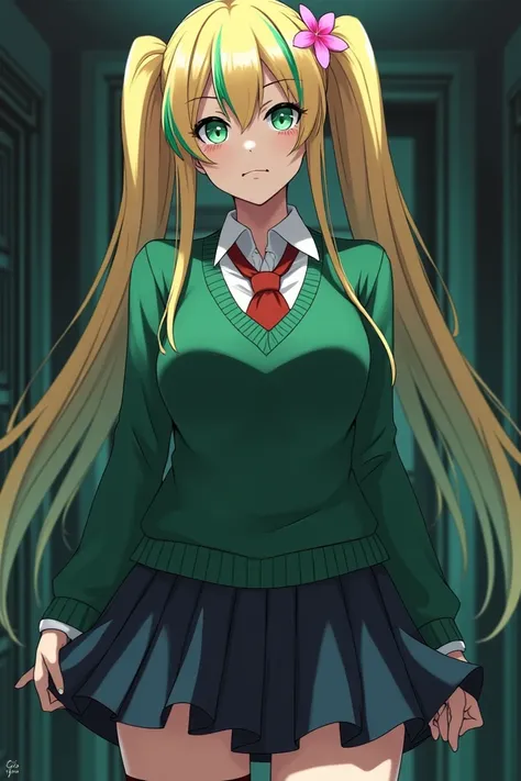 yandere simulator panel, Girl in Japanese uniform, gyaru makeup, blonde hair with green streaks, 2 long pigtails, tropical pink flower accessory, bitter green sweater at her waist, leg warmers, full body view, while taking off his clothes. 