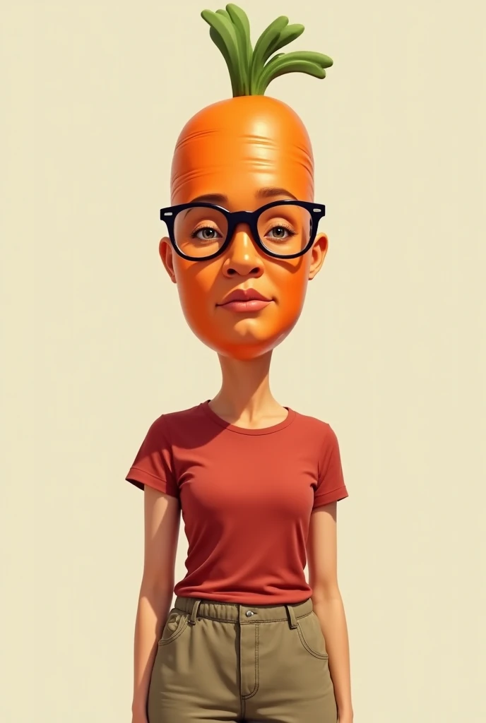 Womens carrot wearing glasses with shorts and red shirt and large forehead 