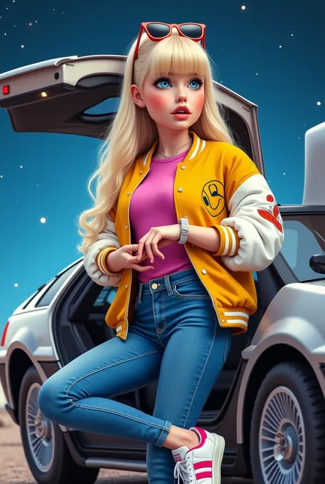 Back to the Future poster style. a russian girl, similar to a human barbie, with pale skin, light blue eyes, long blonde hair with bangs, rosy cheeks, Rosy Lips. she wears a yellow and white Varsity jacket with a happy face on it, a fuchsia t-shirt underne...