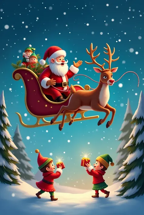 "A magical and joyful Christmas Eve scene with Santa Claus flying in his beautiful sleigh. The sleigh is flying through the starry sky, with the reindeer pulling it gracefully. The cute elves are happily throwing gifts from the sleigh to the ren below. The...