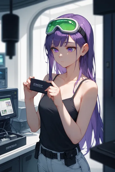 Solo, upper body, expressionless Girl with purple eyes, purple hair, long hair, swept, bangs, typing onto electrical box, looking at object, deep in thought, thin, green tinted goggles on head, wearing black spaghetti strap tank top, bare arms, bare should...