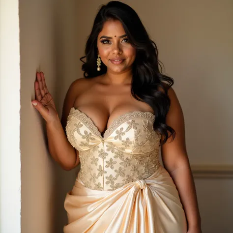 Looking to the camera the indian medium chubby women with big close site breast, fair skin, hour glass figure
Wearing Made with Champagne Stretch Satin. Fully Lined.
Bodice with Boned Corsetry with All-Over Hand Embroidery.
Sweetheart Neckline with Straple...