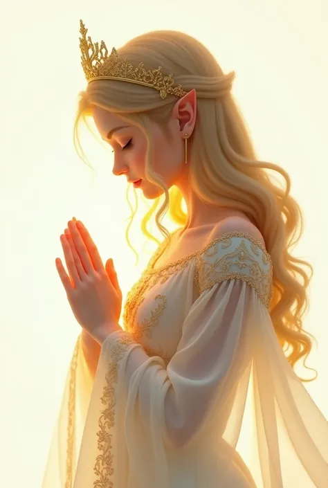 Princess Zelda　 for peace in the world　 praying 　Dazzling shine　Pure and clear 　White background　 hands entangle fingers 　 tiara 