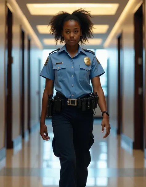 An 18-year-old Afro-descendant woman in a police uniform, including a blue shirt, black pants, and a utility belt, walking confidently down a brightly lit hotel corridor. She is captured in a full-body shot from the front, with her posture straight and ass...