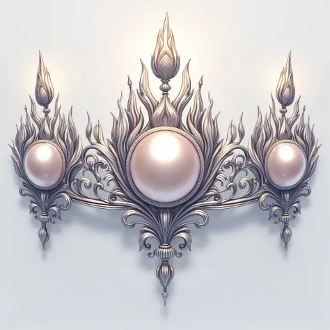 An anime illustration style depicting a luxurious and elegant headpiece with a symmetrical design. Each decorative element centers around a large, round pearl, surrounded by intricate silver metalwork shaped like leaves or flames, with detailed textures. T...