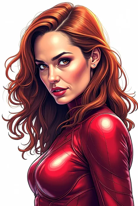 Illustration, comics  ,  comics are exaggerated in detail, head, Multi-colored linear drawing on a white background, Angelina jolie as Scarlet witch 