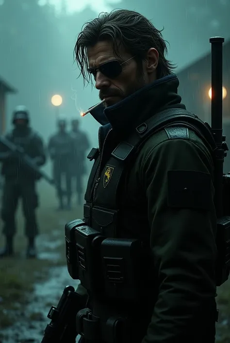  Metal gear solid V , Venom Snake , head on,  left eye patch,  infiltration uniform, smoking, soldiers in the background,  military camp ,  at night, rain