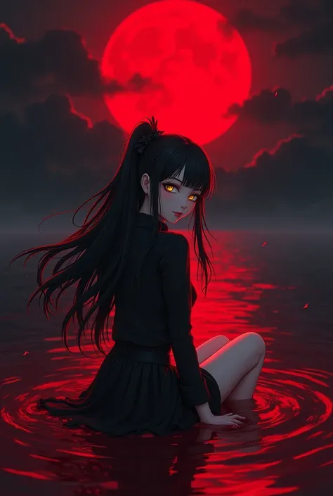 highly detailed, full-body anime female character, long black hair with a black bow at the back, fair skin, yellow eyes, smiling, black shirt, black skirt, black high heels, 1.78m tall, sitting in a dark black sea of blood, red moon in the background, yout...